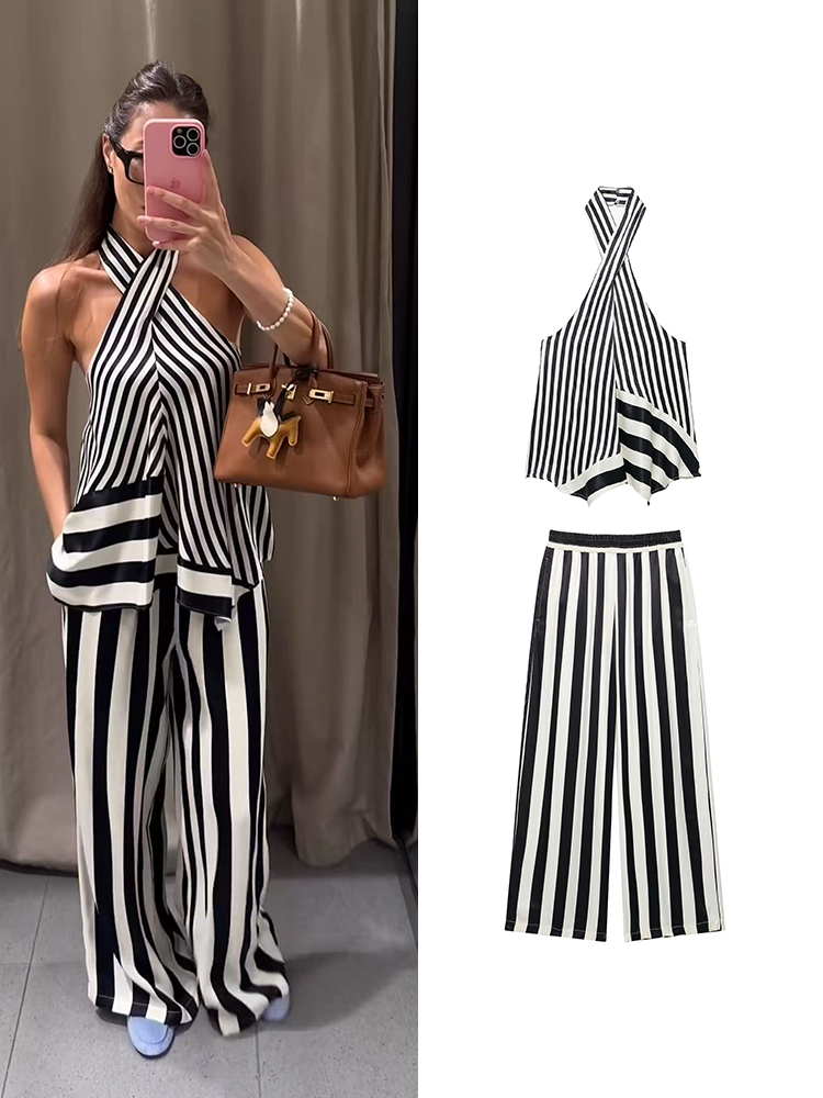 Wide Leg Palazzo Pants - TFMLN 2026 Women's Stripe Halter Top