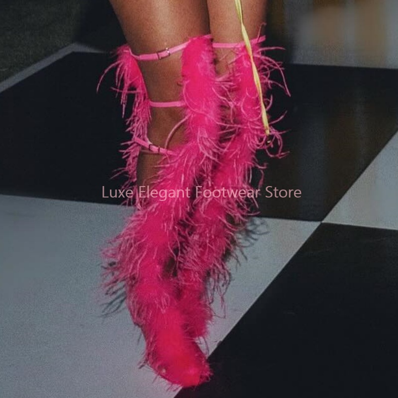 Pink Feather Strappy Hollow Bu - đánh giá và giá Women'S Fashion Knee High Boots